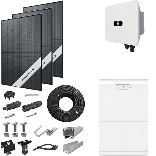 Bild 1 - PV-Komplettanlage 12 kWp mit Huawei Wechselrichter 15 kW + Stromspeicher 14,0 kWh, 30 Solarmodulen Glas-Glas full black & Montagesystem Aufdach