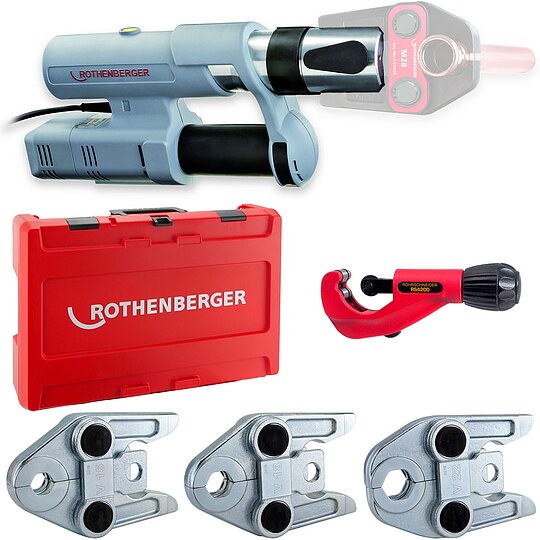 Bild 1 - ROTHENBERGER ROMAX AC Eco Pressmaschine 230 V inkl. System-Box, Pressbacken V 15, 18, 22 & Gratis Rohrabschneider