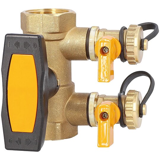 Bild 1 - Solar-Sp�l- und Bef�lleinheit 2 x 1'' IG aus Messing - inkl. Isolier T-Griff und 2 Stk. KFE-Hahn 1/2'' (selbstd.)