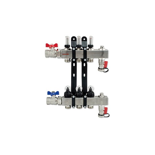 Bild 1 - Edelstahl-Verteiler f�r Fu�bodenheizung f�r 3 Kreise mit Topmeter und Zubeh�r