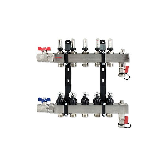 Bild 1 - Edelstahl-Verteiler f�r Fu�bodenheizung f�r 5 Kreise mit Topmeter und Zubeh�r