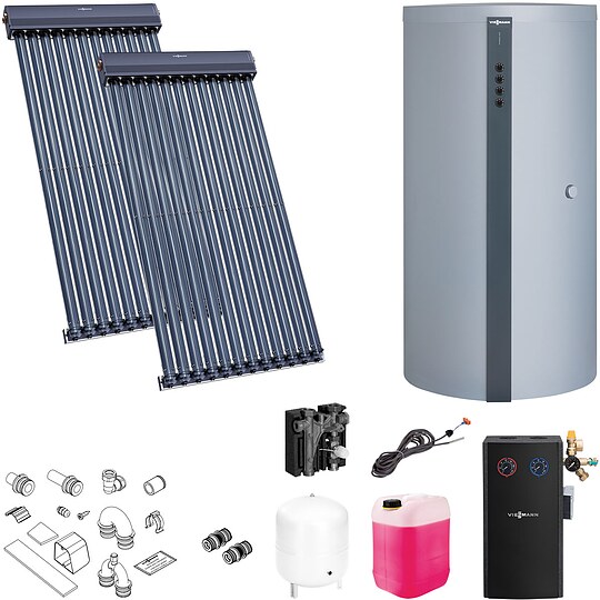 Bild 1 - Viessmann Solaranlage mit 2 Stk. Vitosol 300-TM SP3C, Regelung und Pufferspeicher Vitocell 360-M 750l silber - SK06758