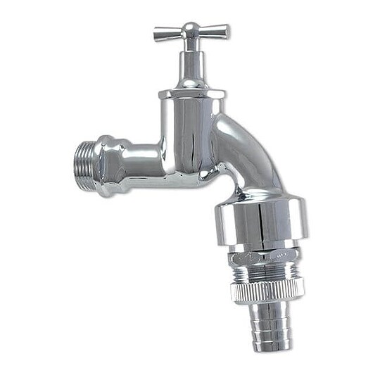 Bild 1 - Auslaufventil 3/4'' - poliert verchromt, mit Durchlaufbelüfter, Rückflußverhinderer und Schlauchverschraubung 1''