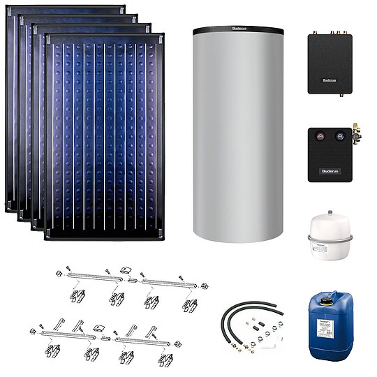 Bild 1 - Buderus Solaranlage Logaplus S77 - 4 Kollektoren (9,48m) SKN4.0-s mit Pufferspeicher PNR750 silber und Frischwasserstation - 7739612995