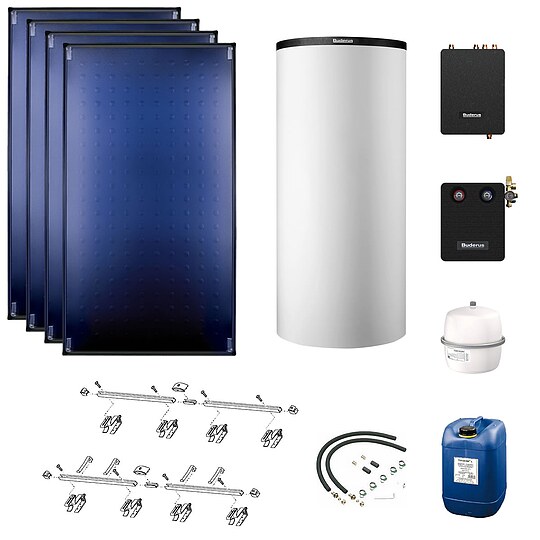 Bild 1 - Buderus Solaranlage Logaplus S94 - 4 Kollektoren (10,2m) SKT1.0-s mit Pufferspeicher PNR750 wei und Frischwasserstation - 7739610790