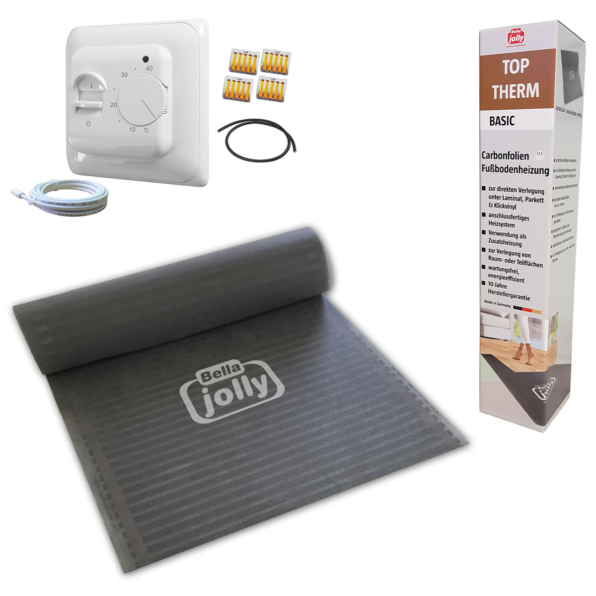 jollytherm Carbonfolienheizung-Set Top-Therm BASIC 1,25 m² - Heizmatte 2,5 x 0,5 m inkl. Anschlussleitung und Thermostatregler standard
