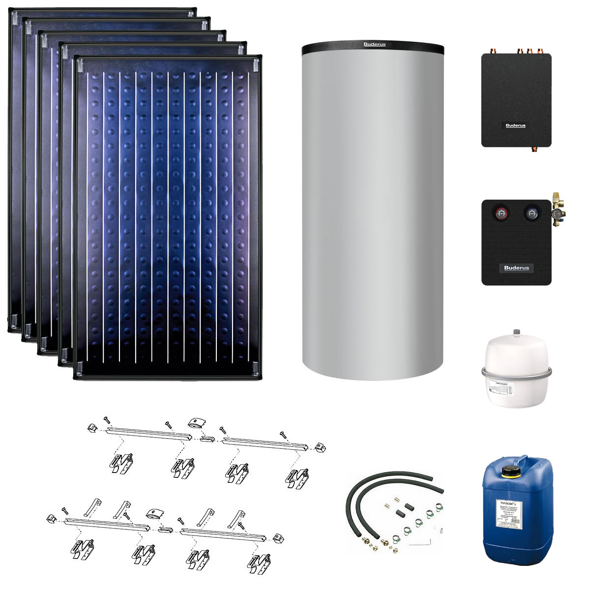 Buderus Solaranlage Logaplus S77 - 5 Kollektoren (11,85m²) SKN4.0-s mit Pufferspeicher PNR750 silber und Frischwasserstation - 7739612997