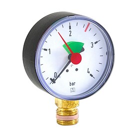 AFRISO Manometer HZ 63 - Anschluss radial 3/8'' AG selbstdichtend, Anzeige 0-4 bar, rote Markierung bei 2,5 bar