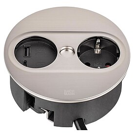 Bachmann TWIST 2 Tischsteckdose 1x Schuko, 1x USB-A/-C Charger, Edelstahl, rund - 2 m