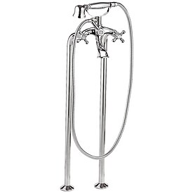 Wannen-Zweigriffmischer-Set Retro bodenstehend inkl. Handbrause, Brausehalter und Brauseschlauch - chrom