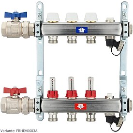 Fu�bodenheizungsverteiler aus Edelstahl mit Topmeter f�r 3 Heizkreise - mit Anschlussset waagrecht