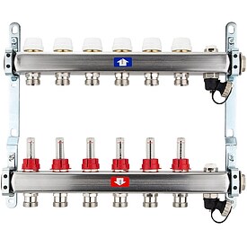 Fubodenheizungsverteiler aus Edelstahl mit Topmeter fr 6 Heizkreise - ohne Anschlussset