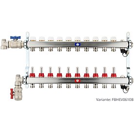 Fubodenheizungsverteiler aus Edelstahl mit Topmeter fr 10 Heizkreise - mit Anschlussset senkrecht
