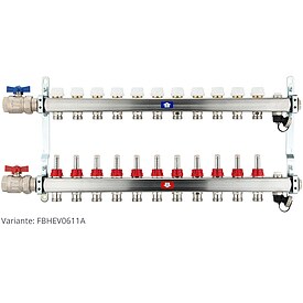Fu�bodenheizungsverteiler aus Edelstahl mit Topmeter f�r 11 Heizkreise - mit Anschlussset waagrecht