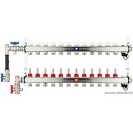 Fu�bodenheizungsverteiler aus Edelstahl mit Topmeter f�r 12 Heizkreise - mit WMZ-Anschlussset 110 mm senkrecht