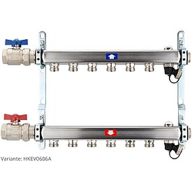 Heizk�rperverteiler aus Edelstahl f�r 6 Heizkreise - mit Anschlussset waagrecht
