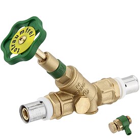 Press-Schr�gsitzventil 16 x 2,0 mm - mit R�ckflussverhinderer - Messing blank - DVGW - mit 3 Stopfen 1/4'' + 1 Entleerventil 1/4'' (beiliegend)