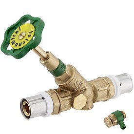 Press-Schr�gsitzventil 20 x 2,0 mm - mit R�ckflussverhinderer - Messing blank - DVGW - mit 3 Stopfen 1/4'' + 1 Entleerventil 1/4'' (beiliegend)