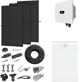 PV-Komplettanlage 15 kWp mit Huawei Wechselrichter 15 kW + Stromspeicher 10,0 kWh, 36 Solarmodulen Glas-Glas full black & Montagesystem Aufdach