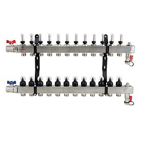 FBH-Verteiler 12-fach aus Edelstahl mit Topmeter, Entlftung, Kugelhhnen und Splvorrichtung