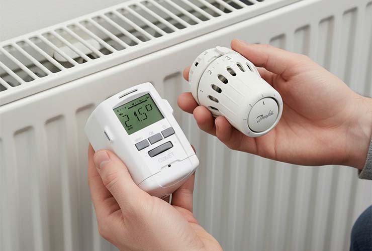 verschiedene Arten von Heizkörperthermostaten elektrisch und klassische analog